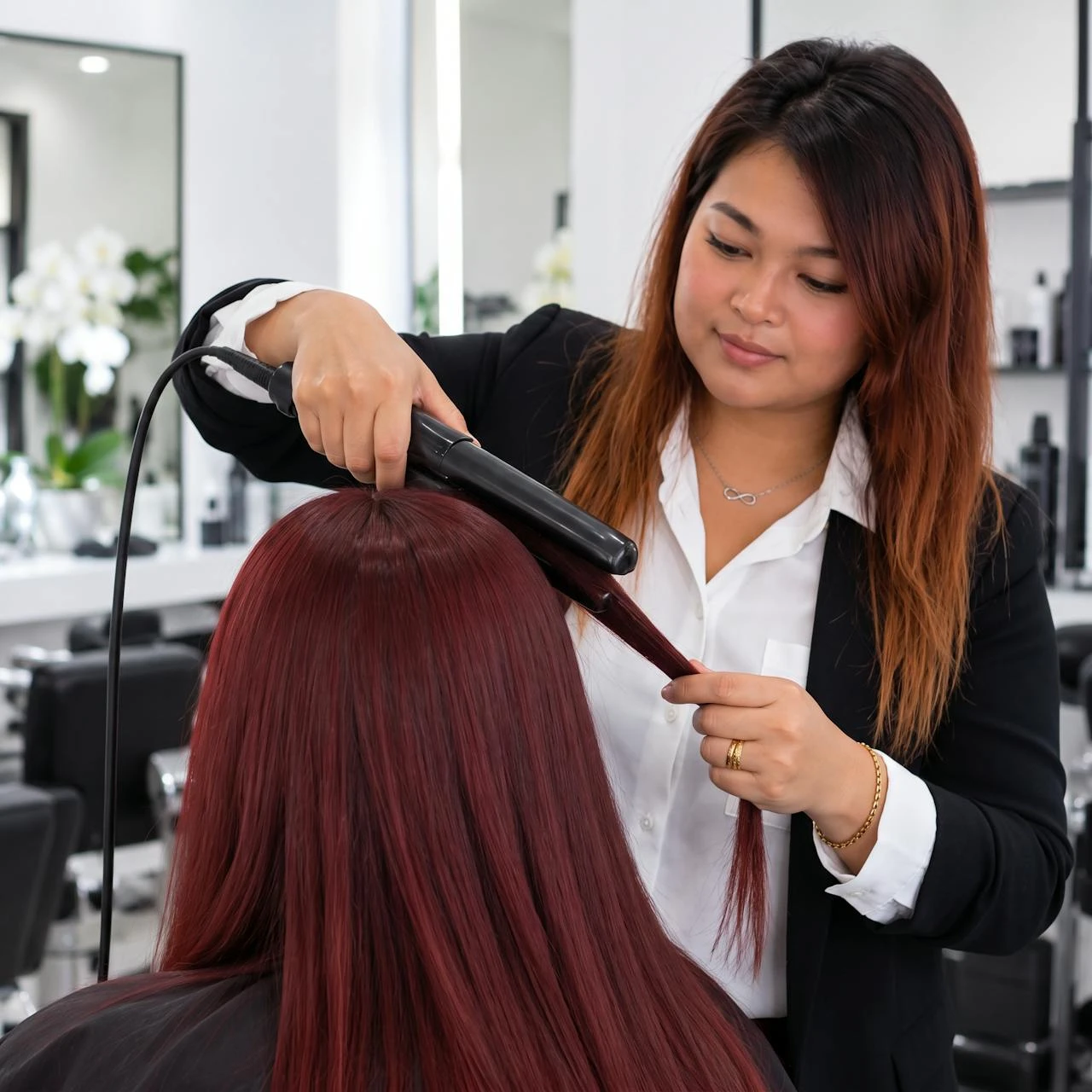Sai cutting a client's hair at Salon Rawai